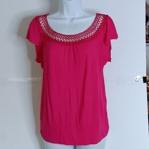 Robins Nest MATERNITY Top Shirt Blouse Medium Magenta Pink Crochet‎ LIGHTWEIGHT